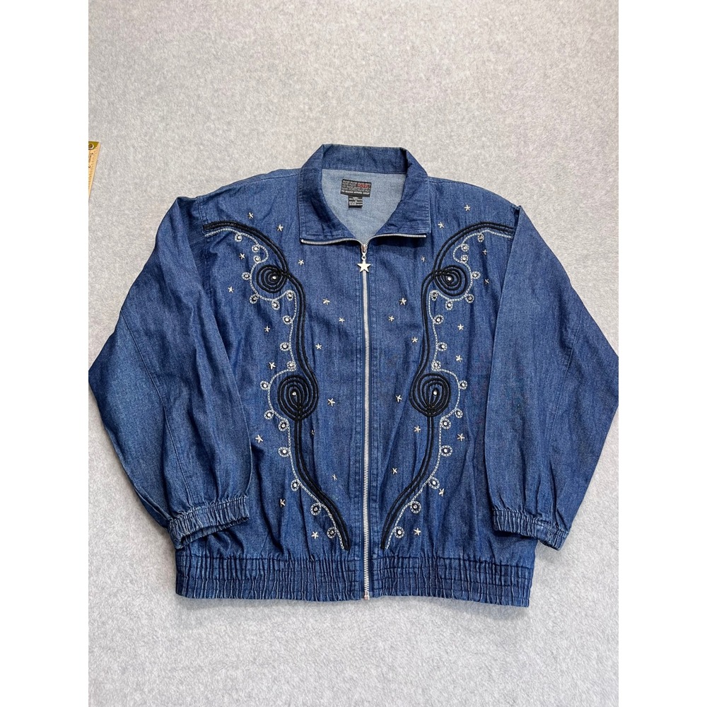Vintage 90s Mureli Denim Bomber Y2K Jacket Blue Embroidered Star Celestial M